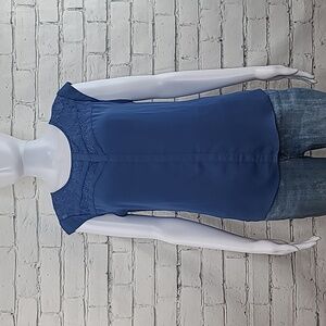 Candie's Classy Dressy Flowy Cap Sleeve Relaxed Fit Lace Panel Blouse in Blue